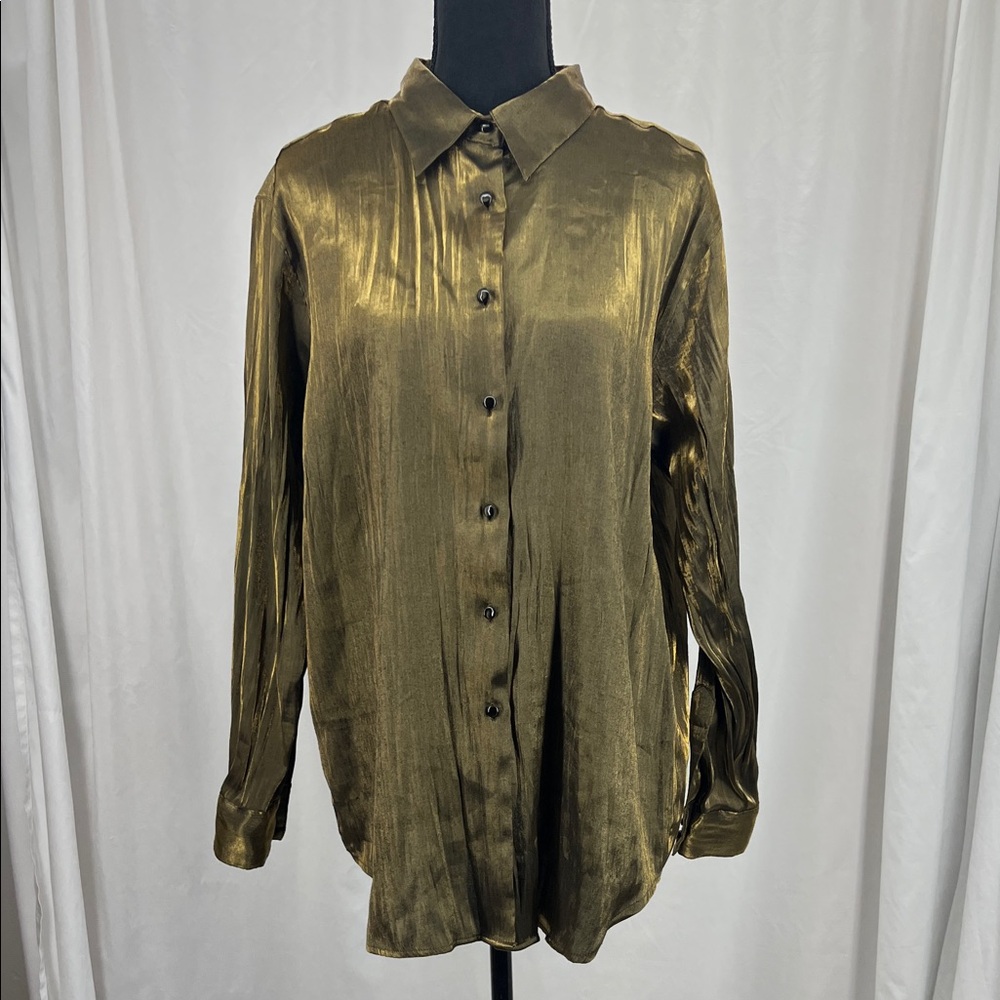 Karen Scott Shimmering Bronze Gold Olive Button Down Shirt Women’s L
